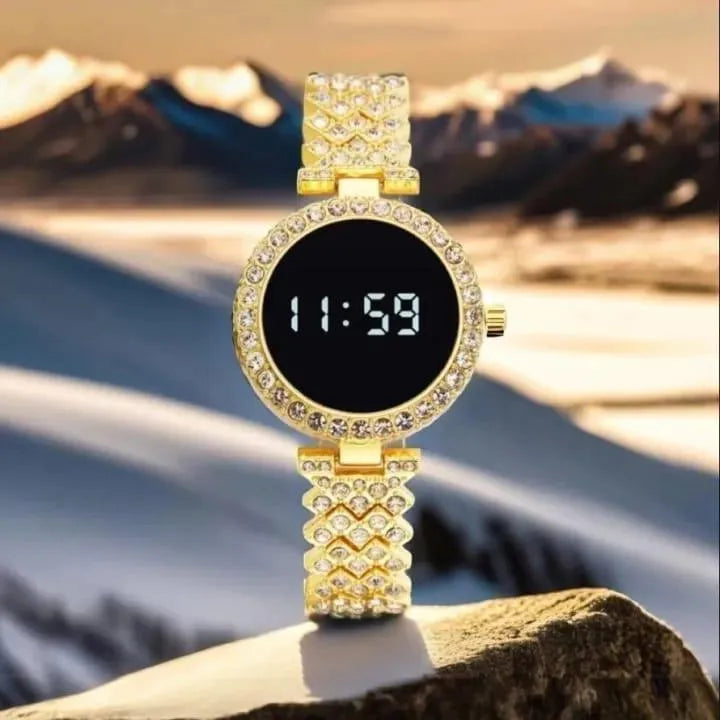 Digital watch gold crystal chain for woman