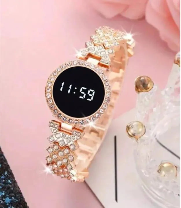 Digital watch gold crystal chain for woman