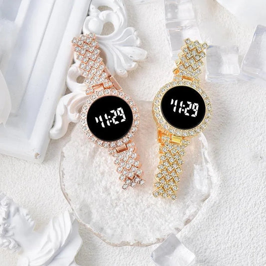 Digital watch gold crystal chain for woman