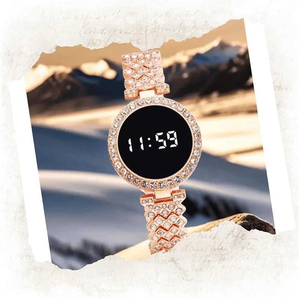Digital watch gold crystal chain for woman