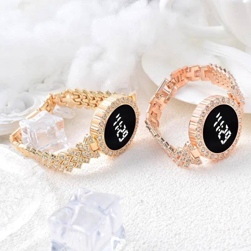Digital watch gold crystal chain for woman