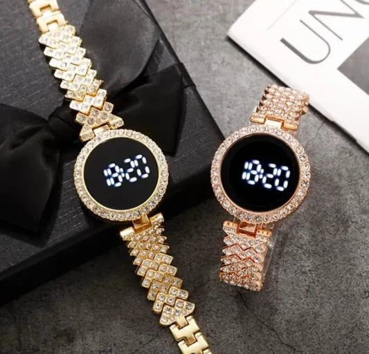 Digital watch gold crystal chain for woman